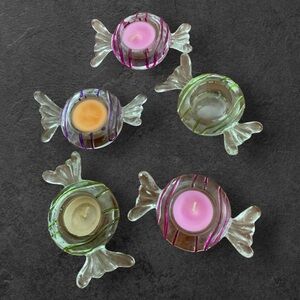 5 Partylite Jollyville Glass Tea Light Candle Holders Wrapped Candy Style/Drizzl